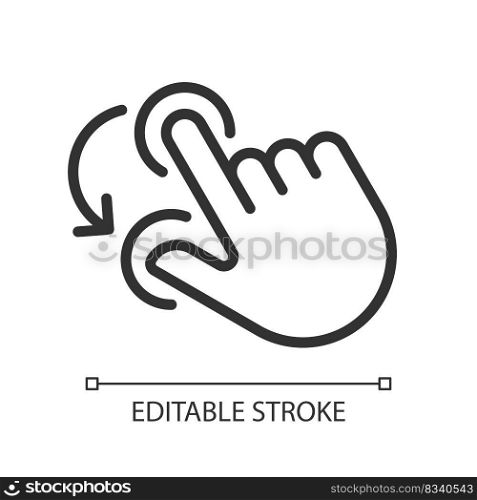 Double finger rotation pixel perfect linear icon. Hold and spin with two fingers. Touchscreen control. Thin line illustration. Contour symbol. Vector outline drawing. Editable stroke. Arial font used. Double finger rotation pixel perfect linear icon