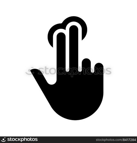 Double finger touch black glyph icon. Multi touch technology. Touch screen navigation. Smartphone display control. Silhouette symbol on white space. Solid pictogram. Vector isolated illustration. Double finger touch black glyph icon