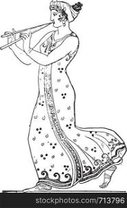 Double flute player (after of a vase painting), vintage engraved illustration.