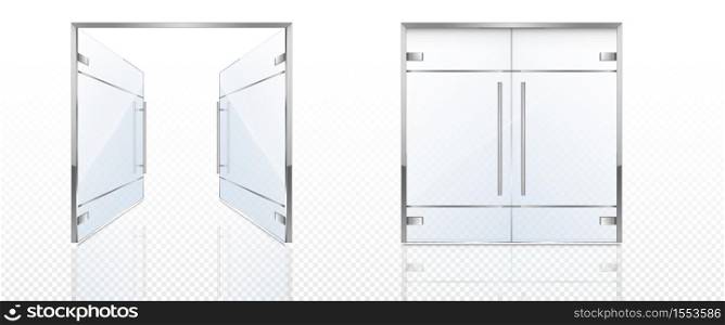 Double glass doors with metal frame and handles. Vector realistic mockup of open and closed doors isolated on transparent background. Glass gate, entrance in store, mall or office. Double glass doors with metal frame and handles