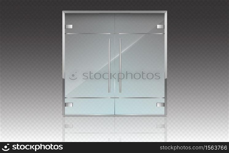 Double glass doors with metal frame and handles. Vector realistic mockup of closed doors isolated on transparent background. Glass gate, entrance in store, mall or office. Double glass doors with metal frame and handles