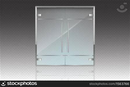 Double glass doors with metal frame and handles. Vector realistic mockup of closed doors isolated on transparent background. Glass gate, entrance in store, mall or office. Double glass doors with metal frame and handles