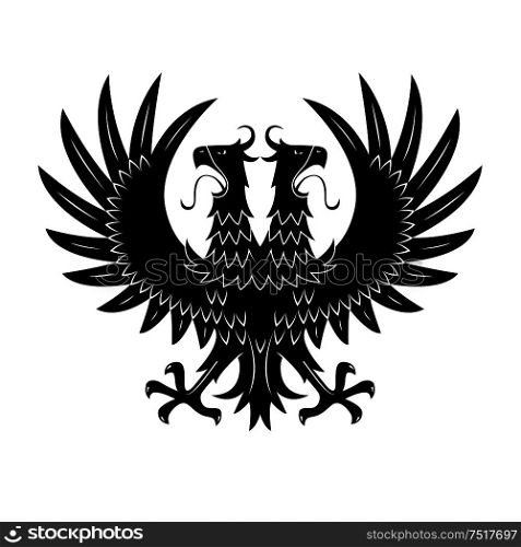 Double headed black eagle symbol with raised wings and wide open beaks with long tongues. Medieval royal heraldry or coat of arms design usage. Royal heraldic double headed eagle black symbol