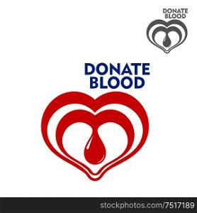 Double hearts with bright red drop of blood inside design template for blood donation, healthcare, life saving, medicine and social concept. Double hearts with drop of blood inside icon