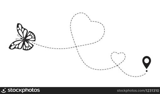 Double love butterfly route. Romantic travel simbol, heart dashed line trace. Simple hearted path, dotted love valentine day drawing isolated vector.. Double love butterfly route. Romantic travel simbol, heart dashed line trace. Simple hearted path, dotted love valentine day drawing isolated
