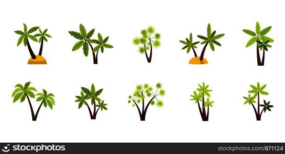 Double palm tree icon set. Flat set of double palm tree vector icons for web design isolated on white background. Double palm tree icon set, flat style