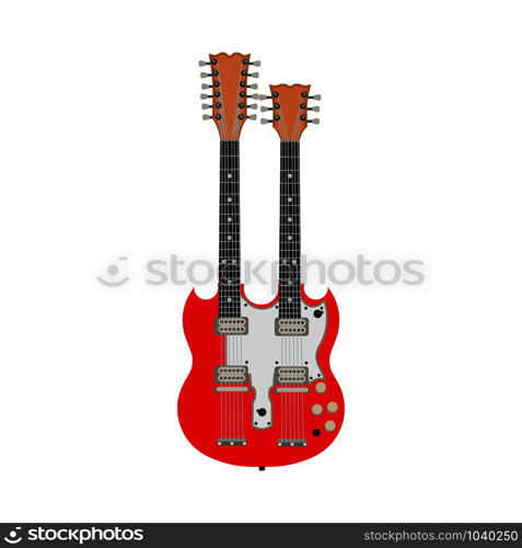 Double red electric guitar vector illustration rock instrument. Two flat design equipment bass. Isolated jazz song icon. Vintage body symbol metal concert entertainment