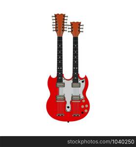 Double red electric guitar vector illustration rock instrument. Two flat design equipment bass. Isolated jazz song icon. Vintage body symbol metal concert entertainment