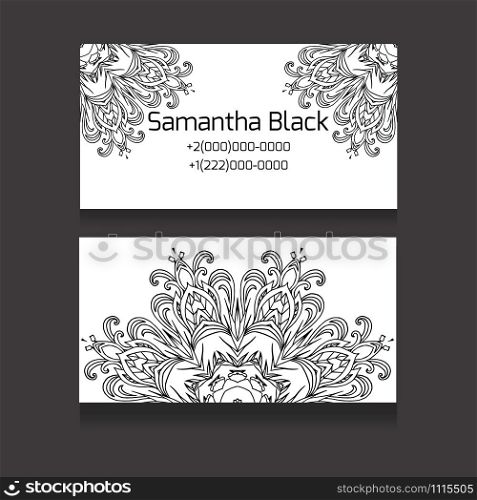 Double-sided black and white business card with a tribal floral pattern for your business