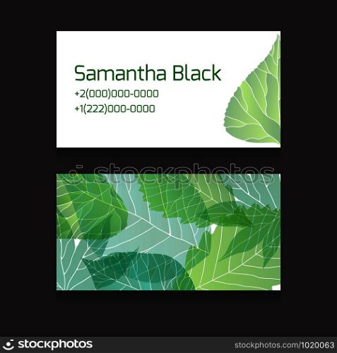 Double sided business card template with a green leaves and place for text for your design