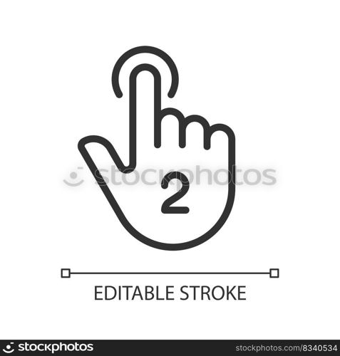 Double touch pixel perfect linear icon. Controlling gesture. Touchpad and touchscreen. Smartphone. Thin line illustration. Contour symbol. Vector outline drawing. Editable stroke. Arial font used. Double touch pixel perfect linear icon