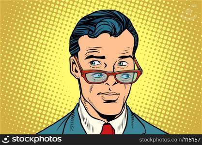 Double view, a man in glasses. Pop art retro vector illustration. Double view, a man in glasses