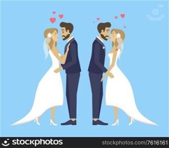 Double wedding, brides and grooms kissing and hugging, cuddling persons tender females and males. Man and woman vector, people in love, hearts decor. Double Wedding Bride and Groom Kissing and Hugging