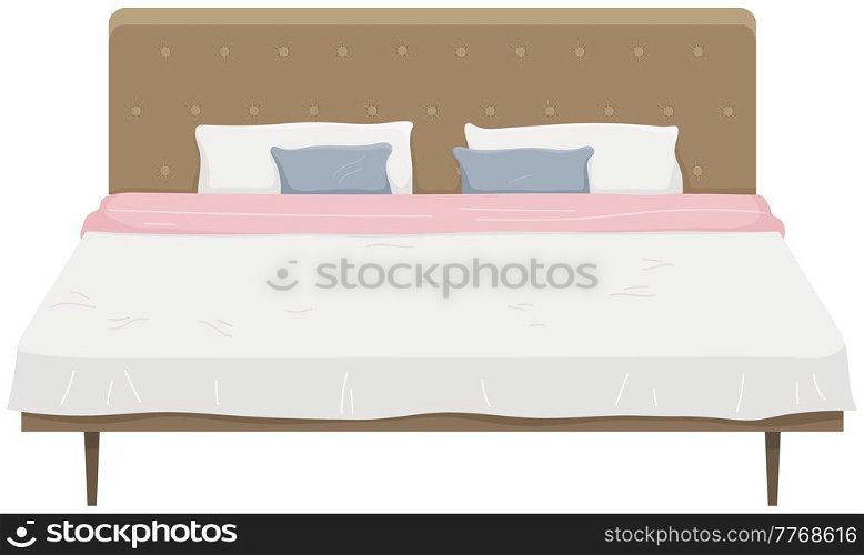 Double wooden bed in flat design for bedroom, hotel room. Cartoon furniture icon isolated on white background. Animated house equipment. Bedroom interior element. Bed with sheet, pillows and blanket. Double wooden bed with sheet, pillows and blanket. Bedroom interior element, house equipment