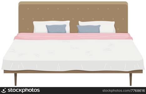 Double wooden bed in flat design for bedroom, hotel room. Cartoon furniture icon isolated on white background. Animated house equipment. Bedroom interior element. Bed with sheet, pillows and blanket. Double wooden bed with sheet, pillows and blanket. Bedroom interior element, house equipment
