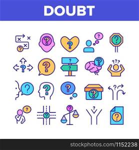 Doubt And Confusion Collection Icons Set Vector Thin Line. Doubt Human And Brain, Question Mark In Quote Frame And On Box Concept Linear Pictograms. Color Illustrations. Doubt And Confusion Collection Icons Set Vector