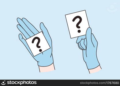 Doubt, question sign, uncertain situation concept. Human hands in blue gloves holding question mark signs and showing meaning vector illustration . Doubt, question sign, uncertain situation concept