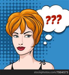 Doubt Woman and speech bubble with question mark. Illustration in comic style.