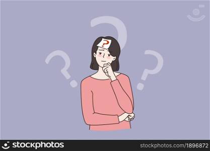 Doubtful pensive young woman with sticker note on forehead with question mark. Stressed unsure girl thinking making decision solving problem. Dilemma concept. Flat vector illustration.. Doubtful woman make decision think of problem solution