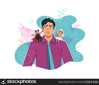 Doubtful young man, making decision between angel and demon. Portrait. Latin American businessman character, disheveled, in shirt and tie, confused, choosing. Stylish anime cartoon illustration. Young man doubts between angel and demon choice
