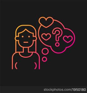 Doubting relationship stage gradient vector icon for dark theme. Girl hesitating about romance. Woman questioning love. Thin line color symbol. Modern style pictogram. Vector isolated outline drawing. Doubting stage of relationship gradient vector icon for dark theme