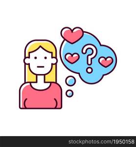 Doubting stage of relationship RGB color icon. Girl hesitating about her romantic life. Woman questioning love relationship. Isolated vector illustration. Simple filled line drawing. Doubting stage of relationship RGB color icon