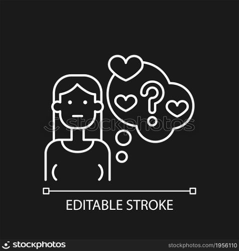 Doubting stage of relationship white linear icon for dark theme. Woman questioning love relations. Thin line customizable illustration. Isolated vector contour symbol for night mode. Editable stroke. Doubting stage of relationship white linear icon for dark theme