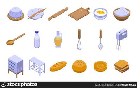 Dough icons set. Isometric set of dough vector icons for web design isolated on white background. Dough icons set, isometric style