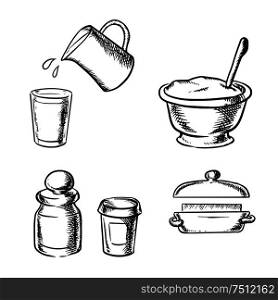Dough in bowl with wooden spoon, butter, glass and jug with milk, jars with flour and spices. Bakery ingredients in sketch style. Dough, butter, milk, flour and spices sketch