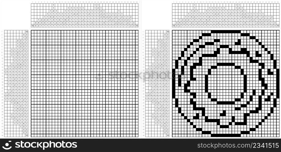 Doughnut Icon Nonogram Pixel Art, Donut Icon, Ring Shape Sweet Snack, Dough Confection, Dessert Food Vector Art Illustration, Logic Puzzle Game Griddlers, Pic-A-Pix, Picture Paint By Numbers, Picross