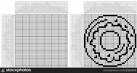 Doughnut Icon Nonogram Pixel Art, Donut Icon, Ring Shape Sweet Snack, Dough Confection, Dessert Food Vector Art Illustration, Logic Puzzle Game Griddlers, Pic-A-Pix, Picture Paint By Numbers, Picross