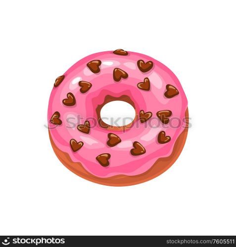 Doughnut with strawberry cream and chocolate hearts isolated cake. Vector donut with sugar glaze. Donut topped by pink glaze with caramel isolated