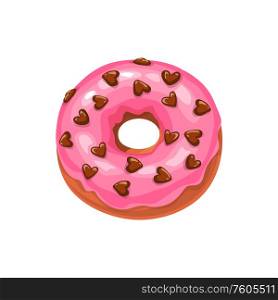 Doughnut with strawberry cream and chocolate hearts isolated cake. Vector donut with sugar glaze. Donut topped by pink glaze with caramel isolated