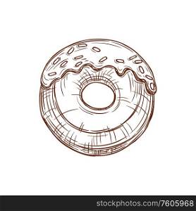 Doughnut with topping and caramel sprinkles isolated monochrome sketch. Vector fastfood snack, pastry food. Hand drawn donut with sprinkles, topping isolated
