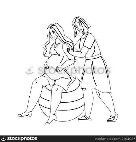 Doula Massaging Shoulders Of Pregnant Woman Black Line Pencil Drawing Vector. Pregnancy Girl Sitting On Inflated Ball Sphere And Doula Make Massage. Characters Helping Relax And Enjoy Illustration. Doula Massaging Shoulders Of Pregnant Woman Vector