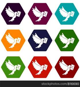Dove carrying envelope icon set many color hexahedron isolated on white vector illustration. Dove carrying envelope icon set color hexahedron