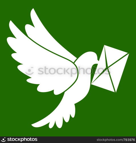 Dove carrying envelope icon white isolated on green background. Vector illustration. Dove carrying envelope icon green