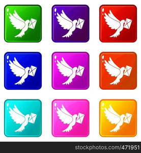 Dove carrying envelope icons of 9 color set isolated vector illustration. Dove carrying envelope icons 9 set