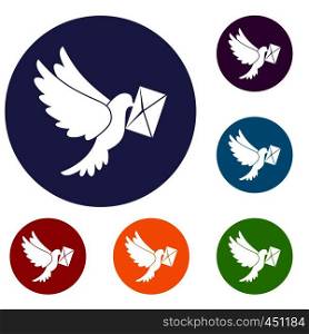 Dove carrying envelope icons set in flat circle reb, blue and green color for web. Dove carrying envelope icons set