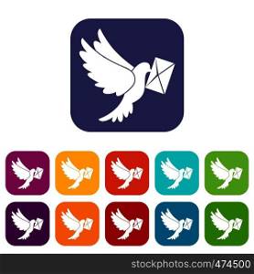 Dove carrying envelope icons set vector illustration in flat style In colors red, blue, green and other. Dove carrying envelope icons set