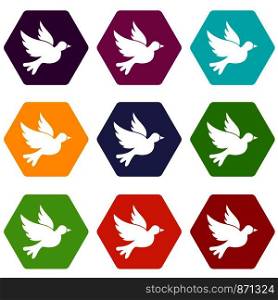 Dove icon set many color hexahedron isolated on white vector illustration. Dove icon set color hexahedron