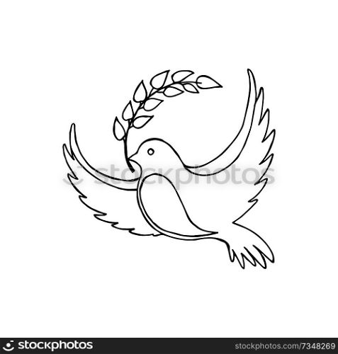 Dove of peace is holding twig in beak vector illustration isolated on white background. Pigeon as symbol of harmony and love sketch colorless icon. Dove of Peace With a Twig Vector Illustration