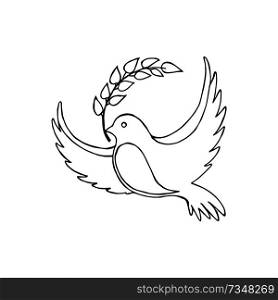 Dove of peace is holding twig in beak vector illustration isolated on white background. Pigeon as symbol of harmony and love sketch colorless icon. Dove of Peace With a Twig Vector Illustration