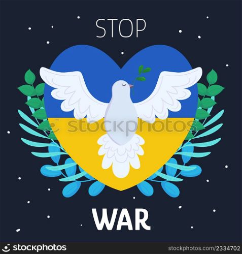 Dove of peace on blue and yellow heart on dark blue background. Stop war illustration concept. Ukrainian-russian military crisis.. Dove of peace on blue and yellow heart on dark blue background. Stop war illustration concept. Ukrainian-russian military crisis