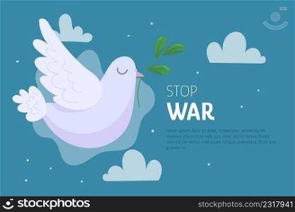 Dove of peace, stop war concept background. No war in Ukraine vector poster.Ukrainian-russian military crisis.. Dove of peace, stop war concept background. No war in Ukraine vector poster.