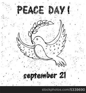 Dove of Peace With a Twig Vector Illustration. Peace Day symbol pigeon with olive branch in beak. Vector illustration isolated on white background. Dove with a twig in concept of harmony and love