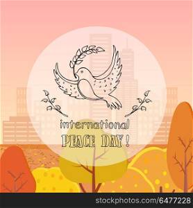 Dove of Peace With Twig Vector Illustration Autumn. Peace day symbol pigeon with olive branch in beak vector illustration. Dove with in concept of harmony and love logo on autumn city park background