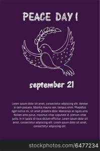 Dove of Peace With Twig Vector Illustration Poster. Dove of peace is holding twig in beak vector illustration isolated on purple background. Pigeon as symbol of harmony and love poster with text