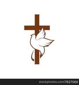 Dove on peace and cross isolated religion symbol. Vector holy spirit bird and crucifix. Cross, holy dove bird isolated crucifix religion