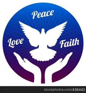 Dove peace flying from hands in sky. Love, freedom and religion faith vector concept. Peace and love, faith and hope illustration. Dove peace flying from hands in sky. Love, freedom and religion faith vector concept